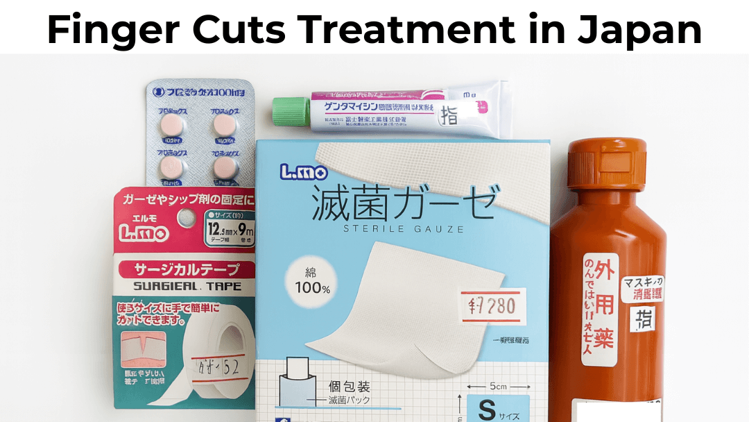 Medications purchased in Japan for a finger cut: oral antibiotics, antibiotic ointment, disinfectant, sterile gauze, and surgical tape
