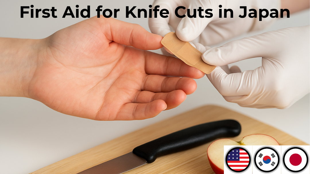 First aid: applying a bandage to a cut finger after a kitchen knife injury