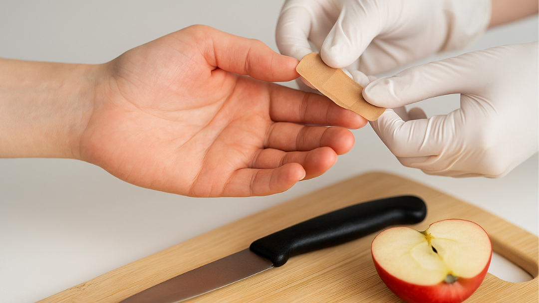 A person applying a bandage to a finger cut as first aid in Japan