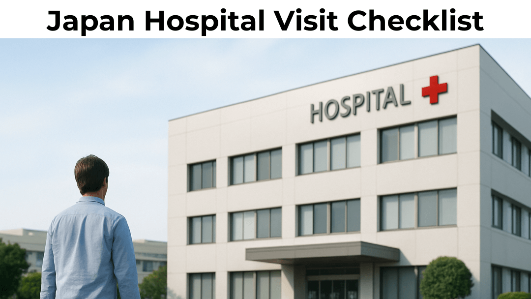 A person walking toward a Japanese hospital building with a red cross, representing a hospital visit checklist in Japan