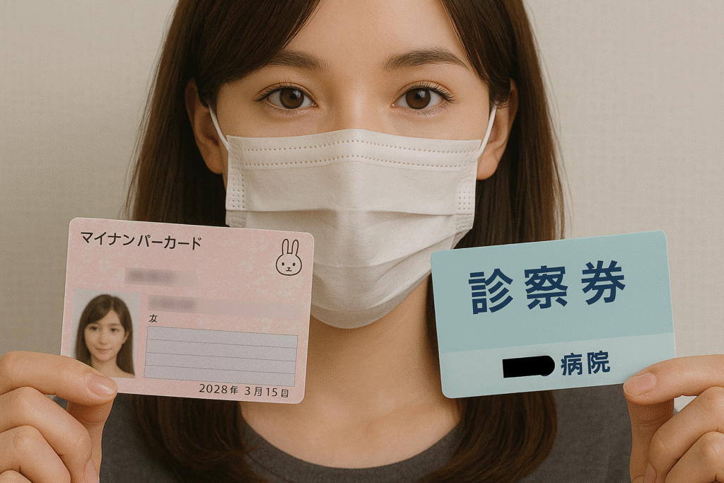 Woman holding a My Number card and a hospital patient card in Japan