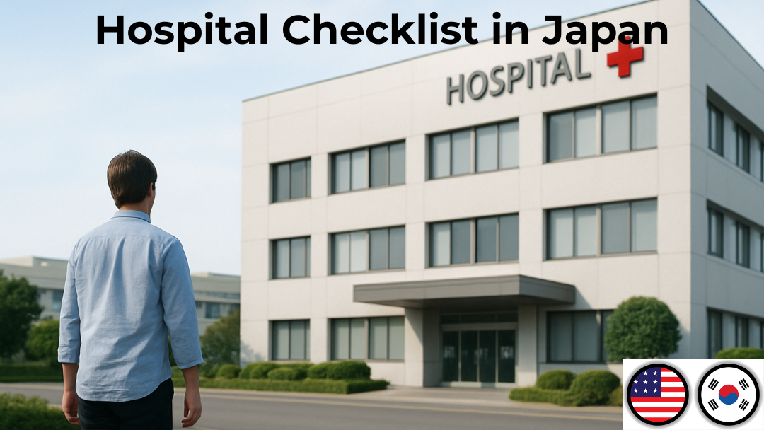 A person walking toward a Japanese hospital building with a red cross, representing a hospital visit checklist in Japan.
