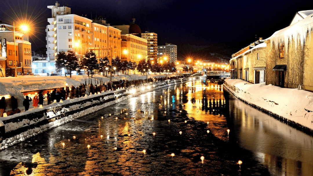 Snowy winter night view of the Otaru Canal in Hokkaido, Japan
