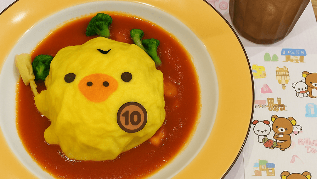 Cute Kiiroitori-shaped omurice at the limited-time Rilakkuma Café in Osaka, a popular character café in Japan