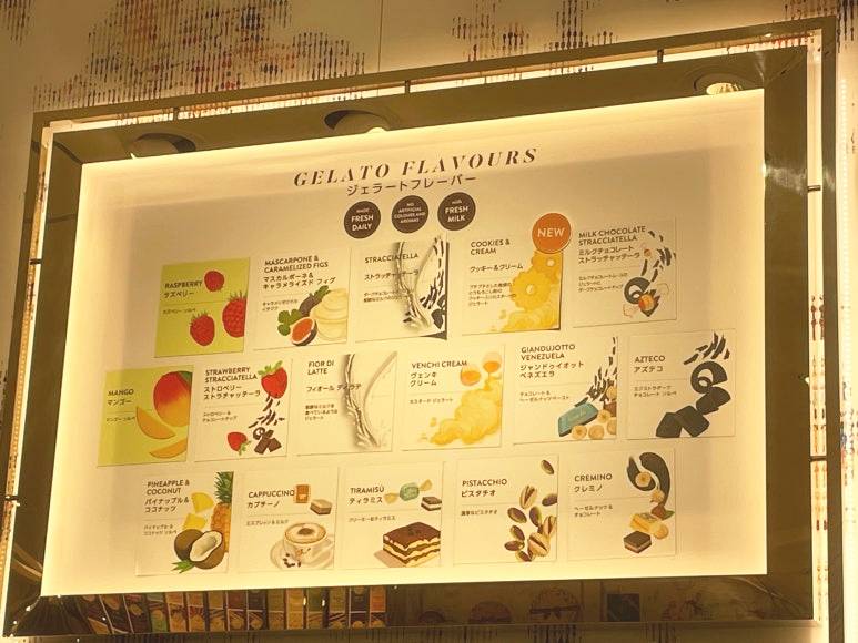 Gelato flavor menu at Venchi, listing various colorful options