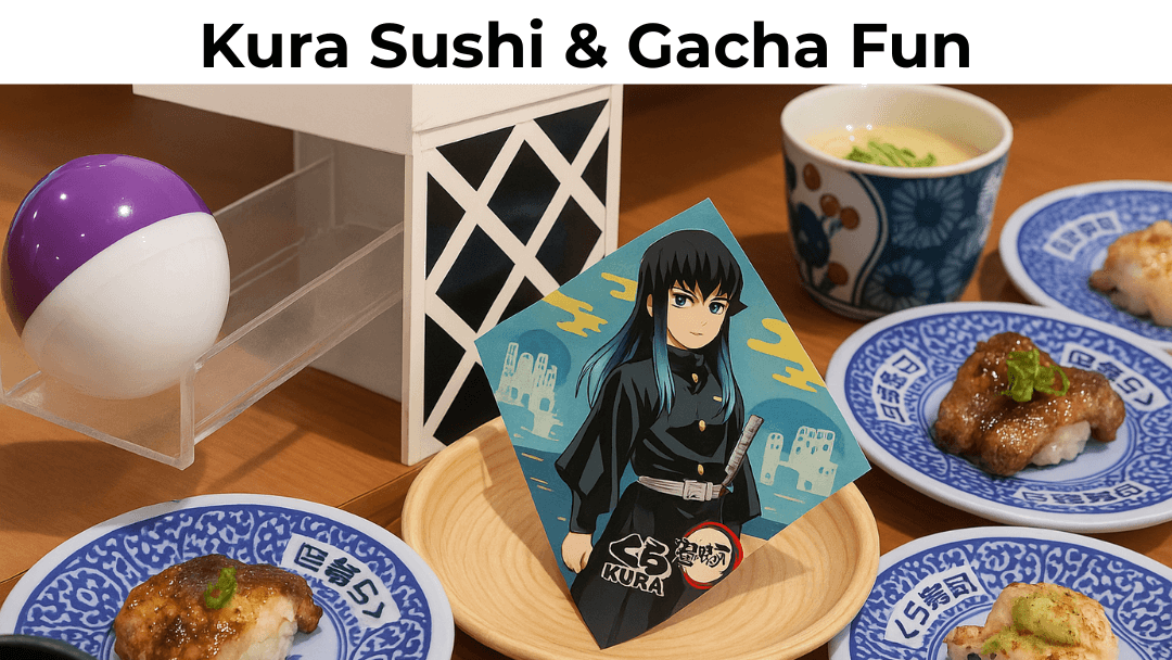 Thumbnail image of Kura Sushi showing sushi dishes and a capsule toy from the Bikkura Pon game