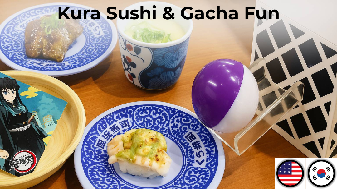 Thumbnail image of Kura Sushi showing sushi dishes and a capsule toy from the Bikkura Pon game
