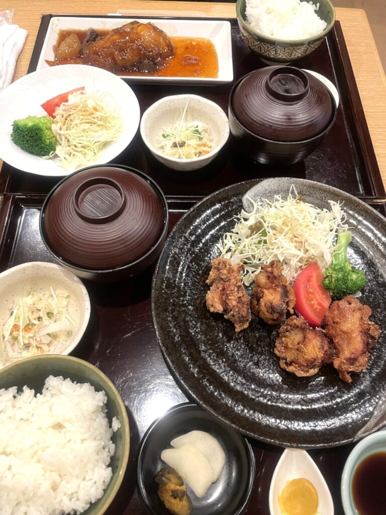 Lunch set at RLab Momofuku in Osaka with braised flounder and karaage chicken