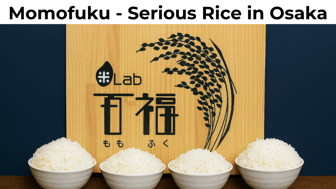 Four bowls of white rice in front of a wooden RLab Momofuku sign with rice stalks