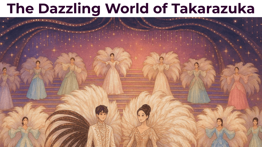 Takarazuka Revue performers in elegant feathered costumes on a grand stage in Hyogo, Japan