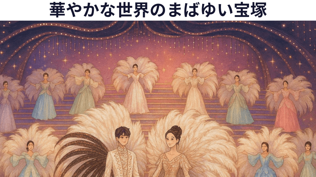 兵庫県の壮大な舞台で優雅な羽根の衣装をまとった宝塚歌劇団のパフォーマーたち