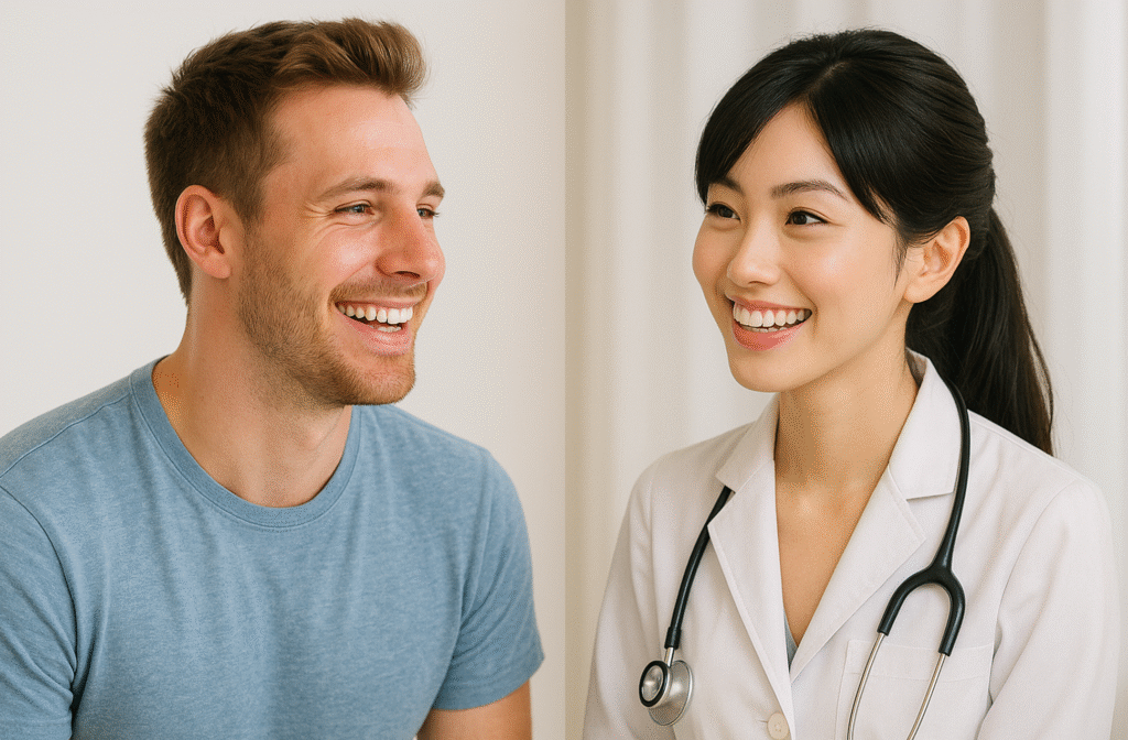 A foreign patient visiting a Japanese hospital and listening to a doctor explain the Japanese medical system