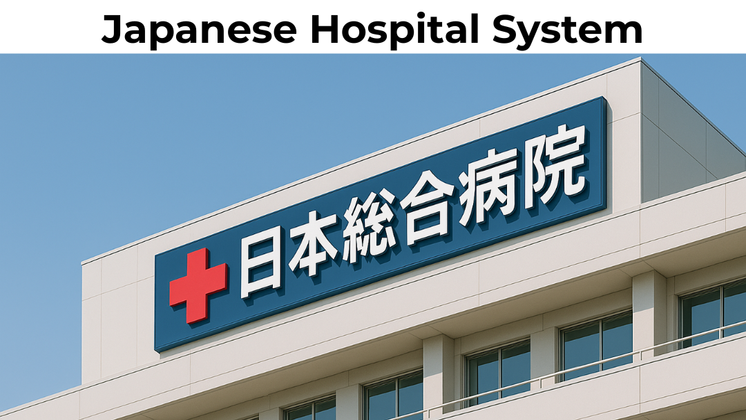 The exterior of a Japanese general hospital with a red cross sign
