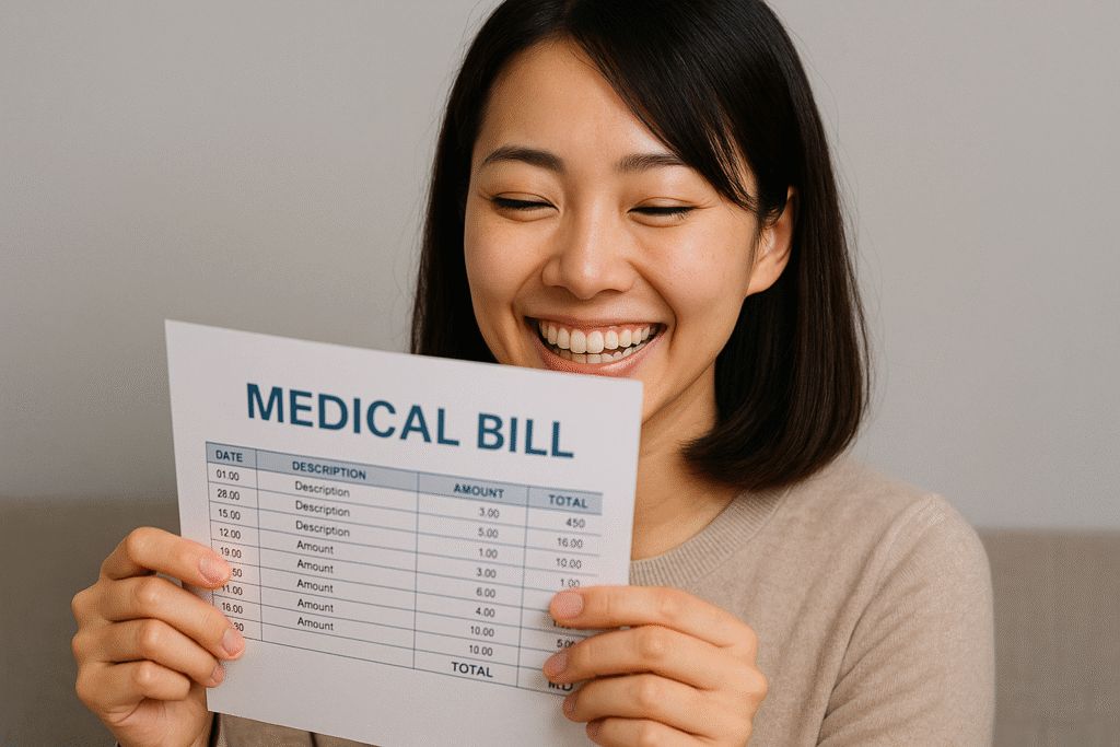 A woman smiling with relief while holding a medical bill