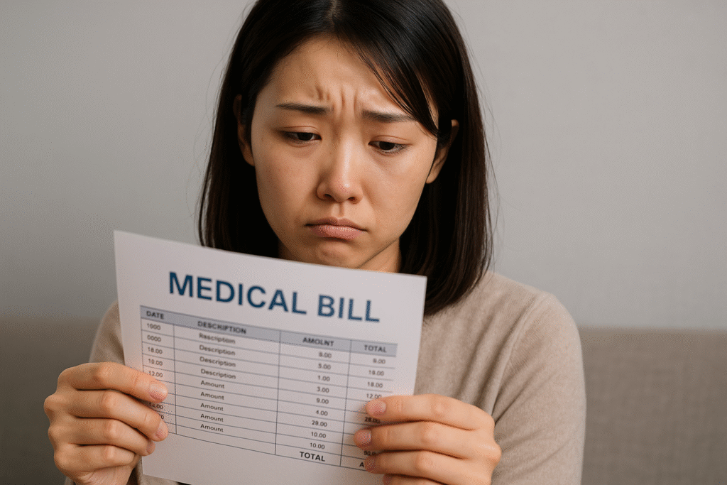 A woman looking worried while holding a medical bill