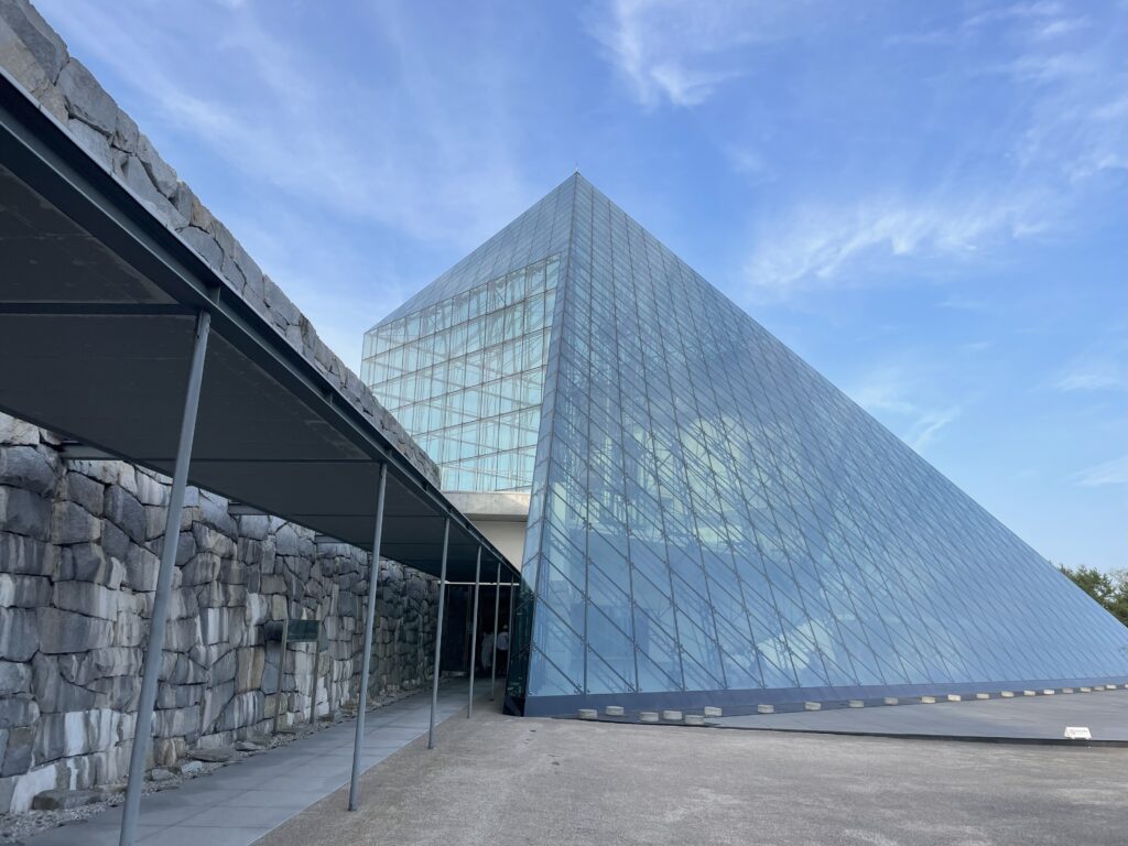Side view of the Glass Pyramid HIDAMARI at Moerenuma Park in Sapporo, Hokkaido