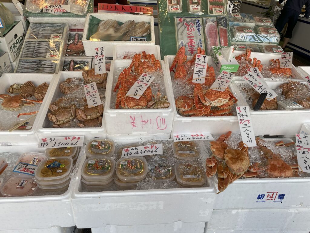 Premium Hokkaido crab and seafood products are neatly arranged and ready to take home or ship from Nijo Market, Sapporo, Hokkaido