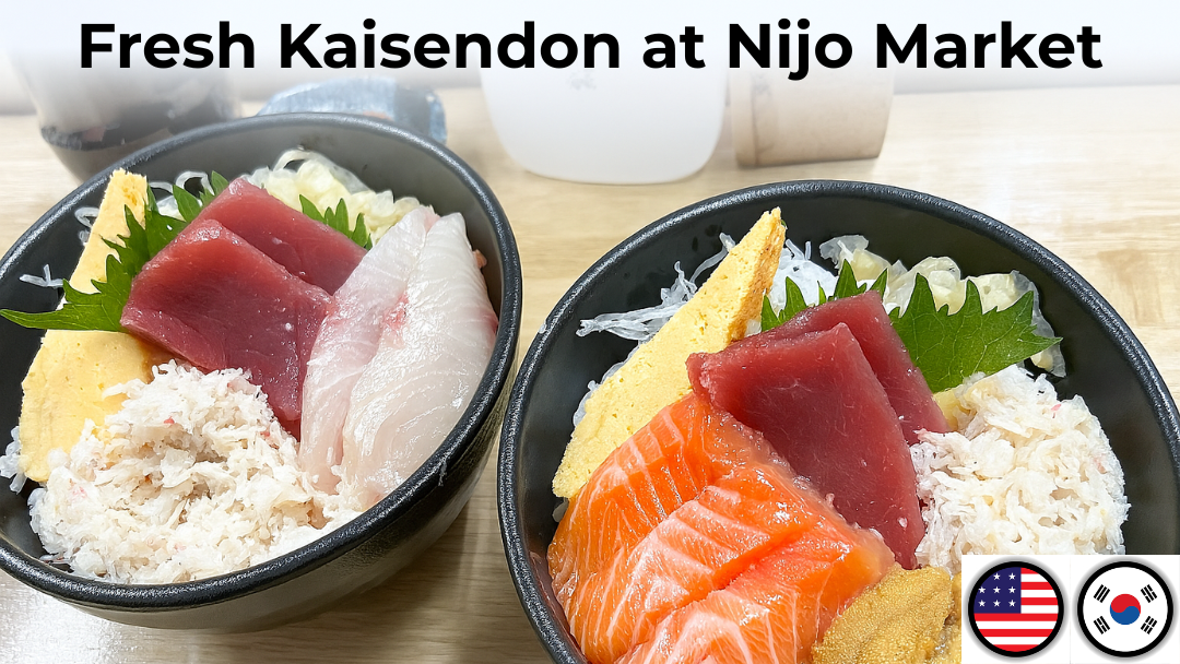 Colorful kaisendon served at Nijo Market in Sapporo, Hokkaido, featuring fresh seafood toppings in a traditional Japanese bowl