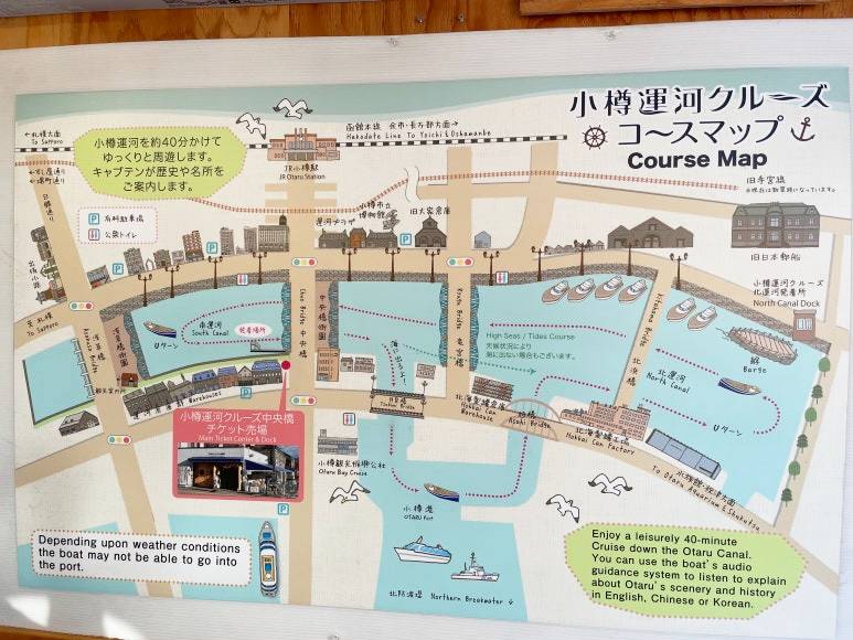 Cruise route map of Otaru Canal in Hokkaido, Japan, showing the main boarding points and sightseeing highlights.