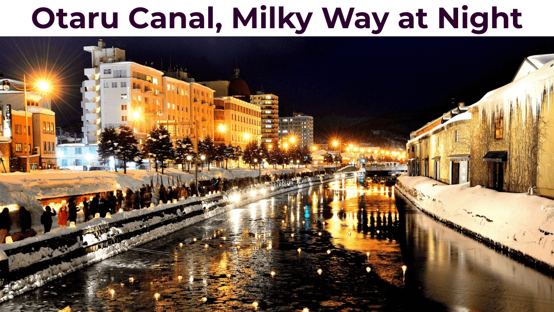 Snowy winter night view of Otaru Canal in Hokkaido, Japan