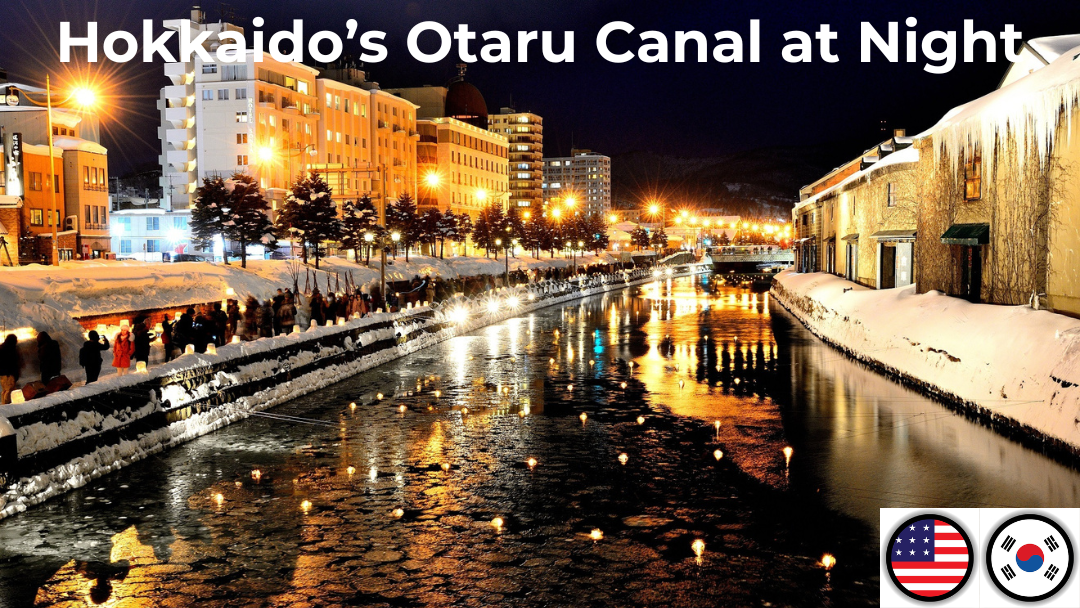 Snowy winter night view of Otaru Canal in Hokkaido, Japan.