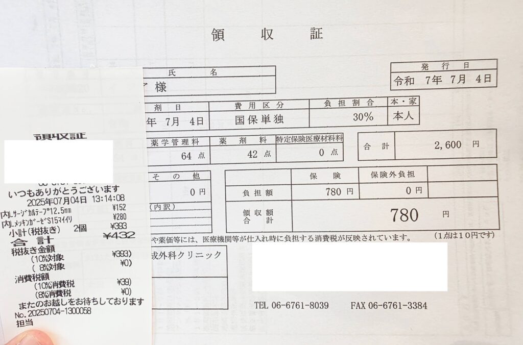 Receipt from a Japanese pharmacy showing the cost of medications for a finger cut