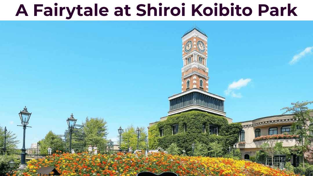 A fairytale-like view of Shiroi Koibito Park in Sapporo, featuring its iconic clock tower, colorful flowerbeds, and European-style architecture