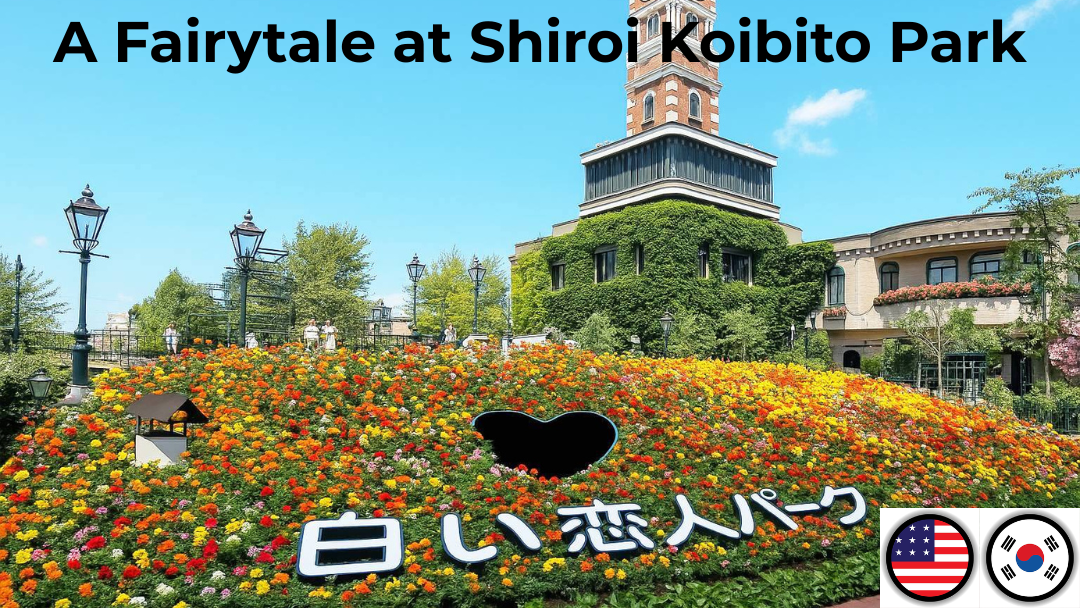 A fairytale-like view of Shiroi Koibito Park in Sapporo, featuring its iconic clock tower, colorful flowerbeds, and European-style architecture.
