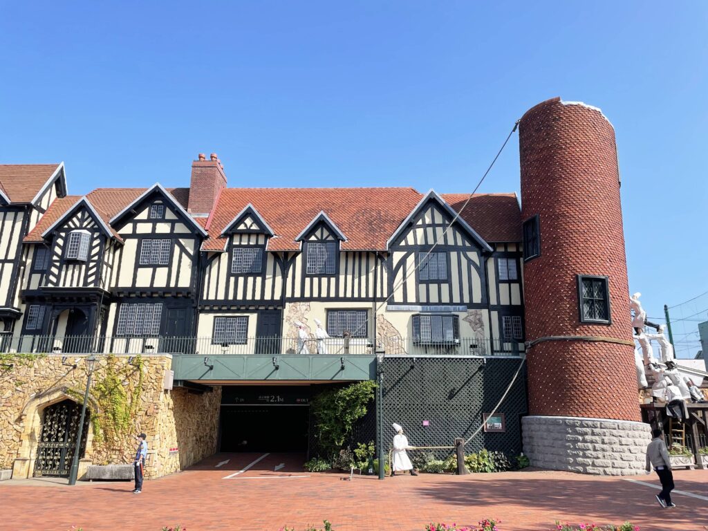European-style building with red brick roof at Shiroi Koibito Park in Sapporo, Hokkaido.