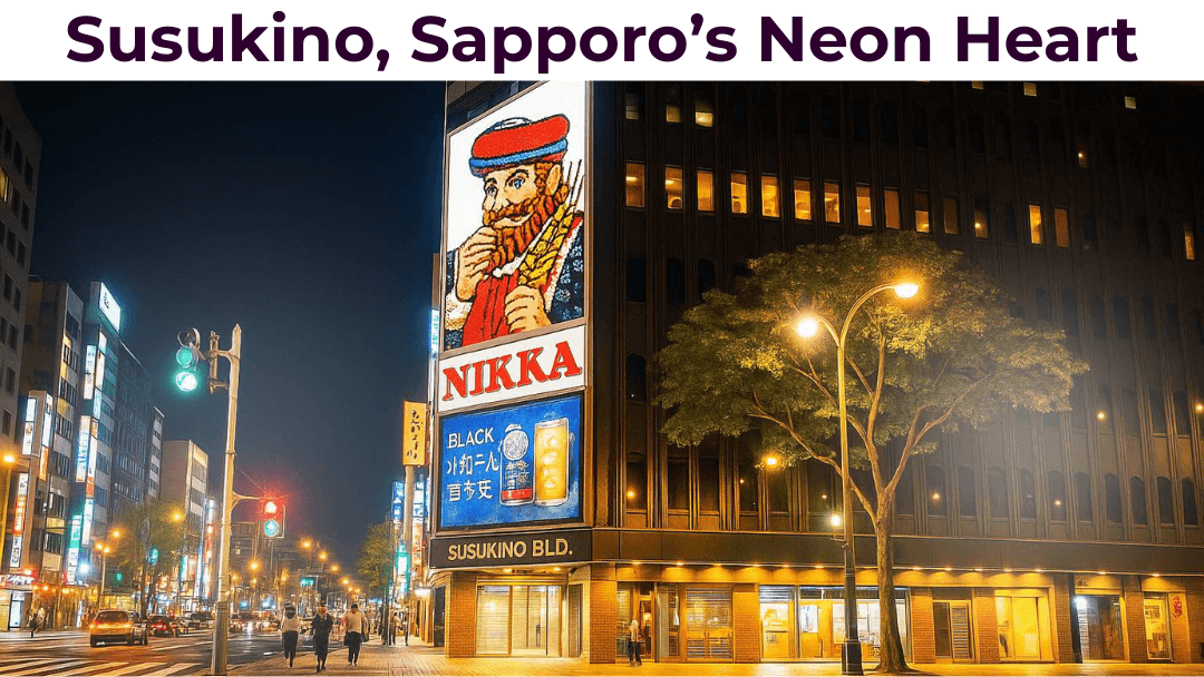 The iconic Nikka Whisky signboard lighting up the night in Susukino, Sapporo