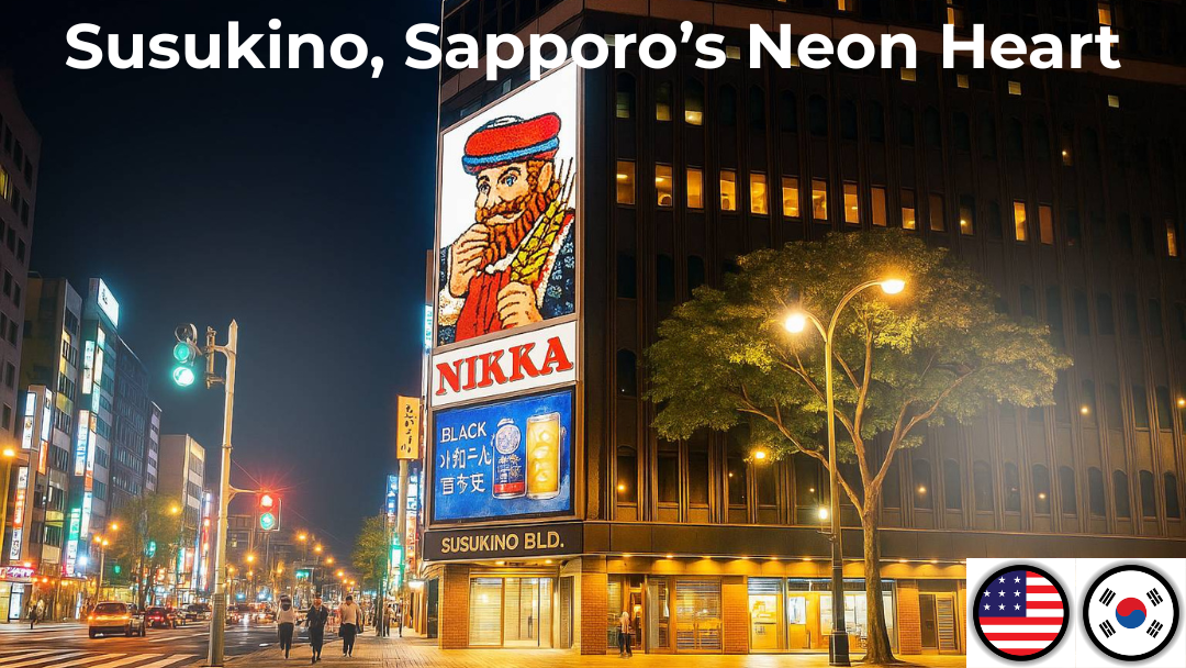 The iconic Nikka Whisky signboard lighting up the night in Susukino, Sapporo