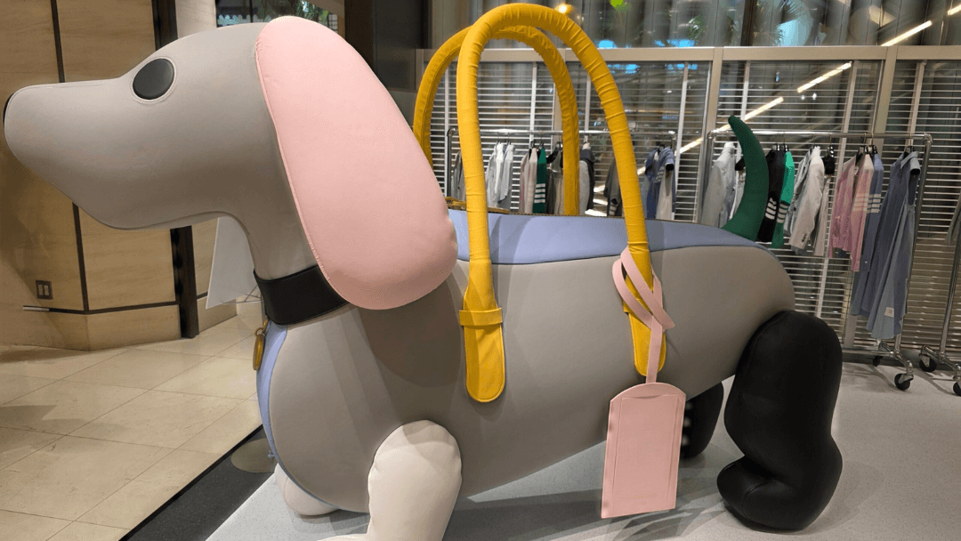 Giant Hector bag-shaped statue at the Thom Browne popup store 2025 in Osaka