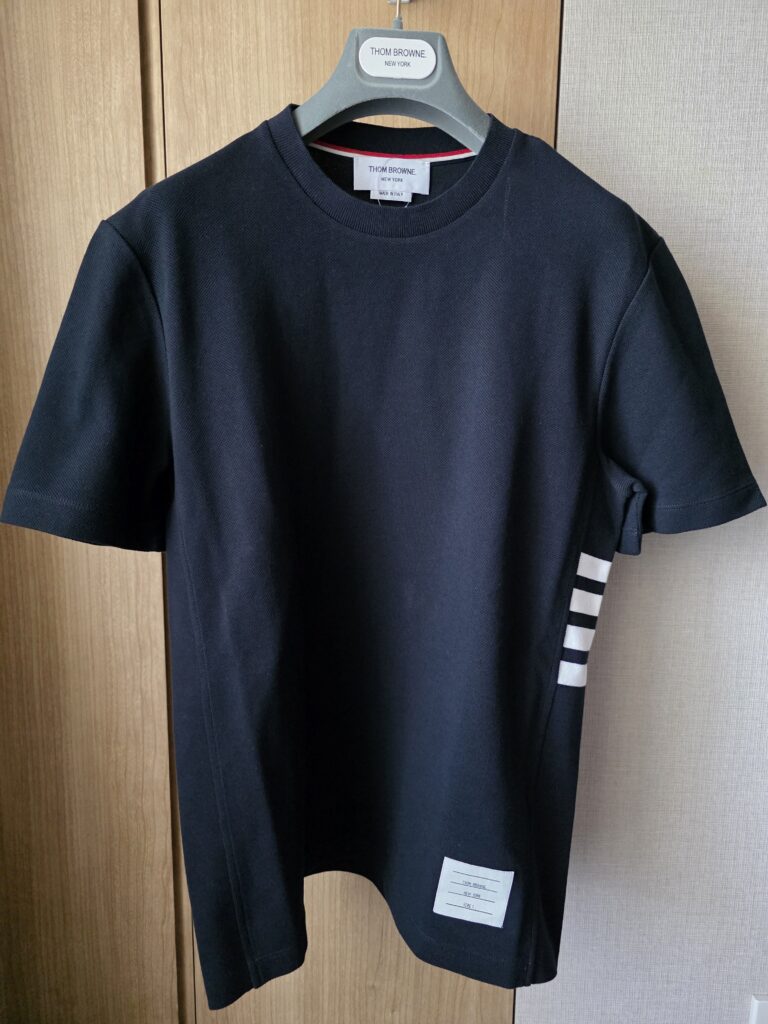 Thom Browne navy crewneck T-shirt with white four-bar stripe