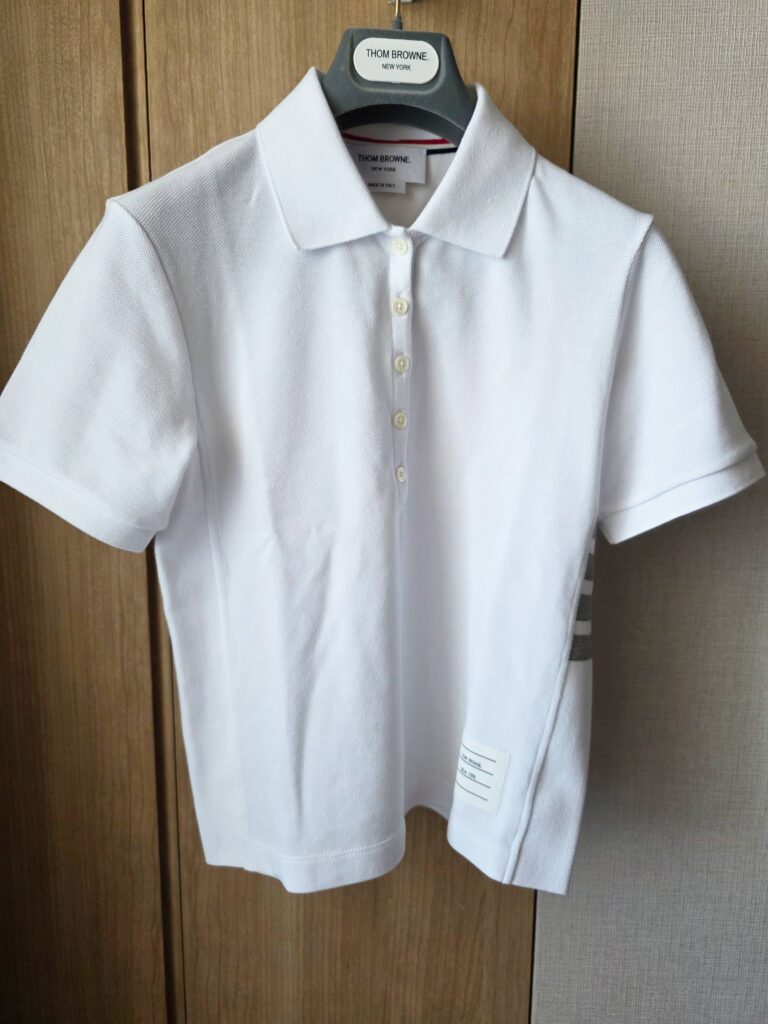Thom Browne white short-sleeve polo shirt with four-bar detail
