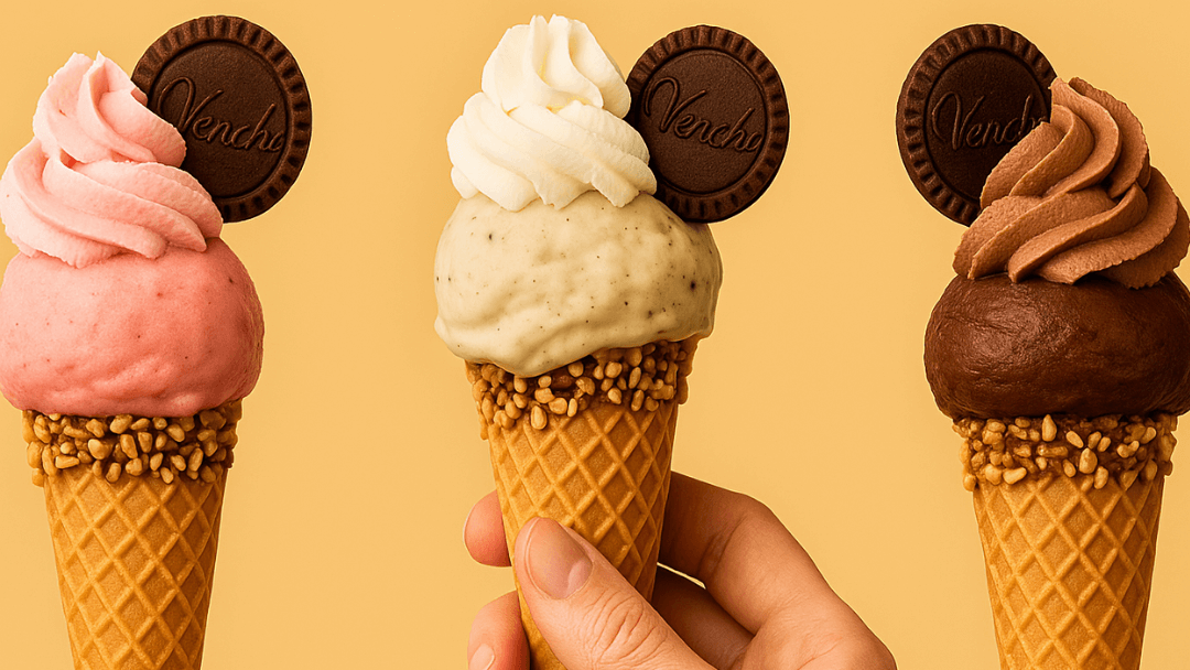 Three colorful Venchi gelato cones with whipped cream and chocolate coins, centered on a soft beige background
