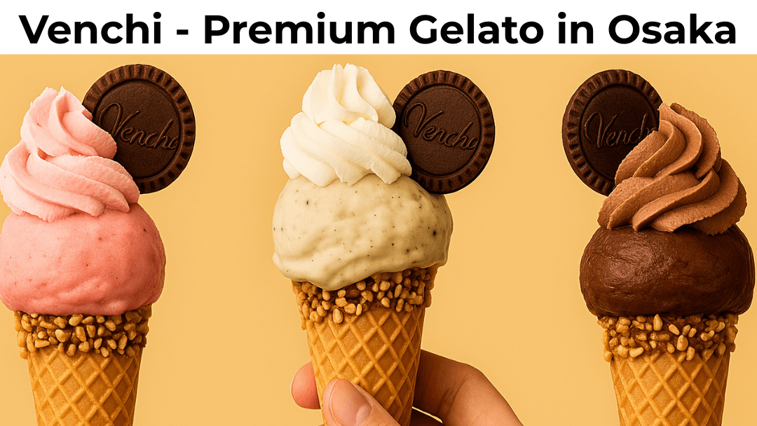 Three colorful Venchi gelato cones with whipped cream and chocolate coins, centered on a soft beige background