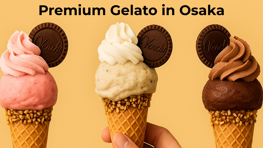 Three colorful Venchi gelato cones with whipped cream and chocolate coins, centered on a soft beige background