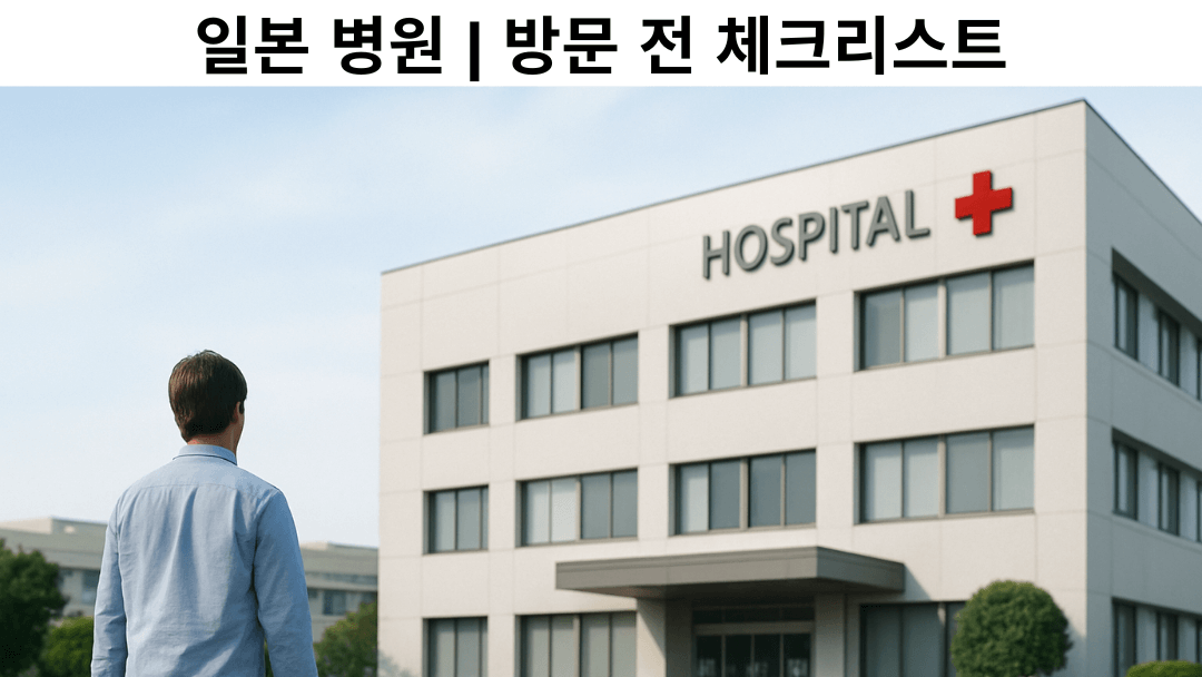 붉은 십자가가 있는 일본 병원 건물을 향해 걸어가는 사람, 일본 병원 방문 체크리스트를 나타냄