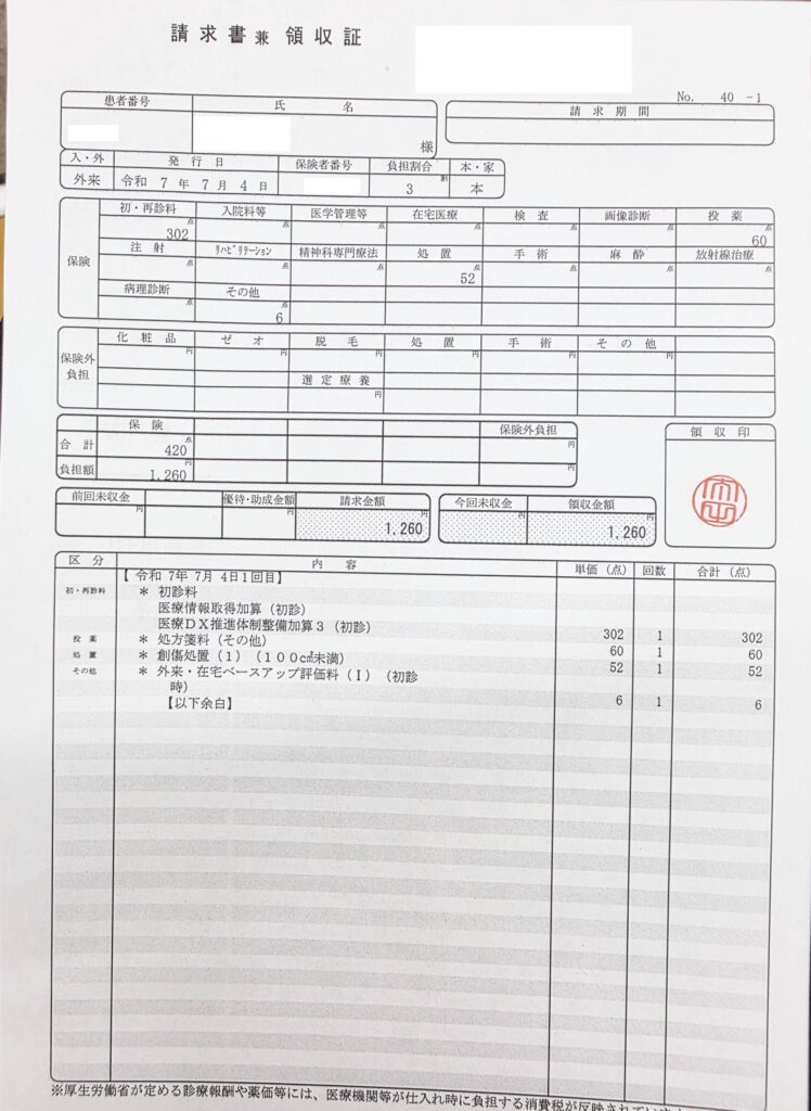 包丁による指のけが治療のための日本の皮膚科・形成外科クリニックの診療明細書