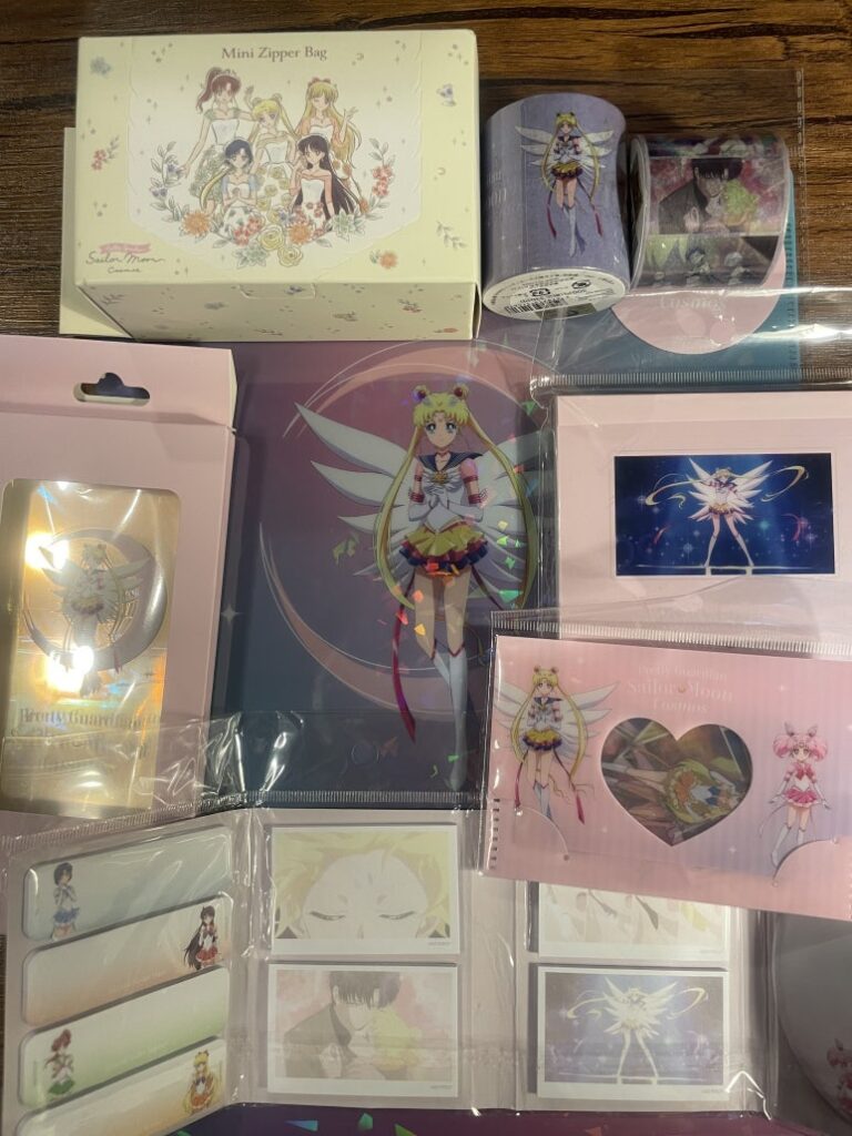 Limited edition items purchased from Sailor Moon 3COINS Collaboration 2023, including clear file, memo pad, stickers, and masking tape