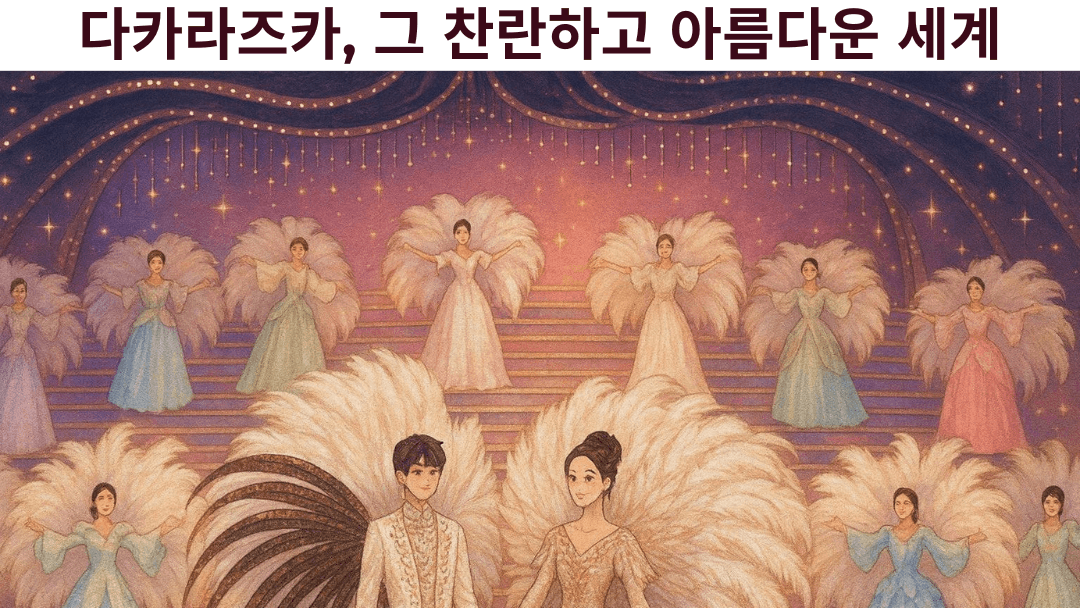 효고현의 웅장한 무대 위에서 우아한 깃털 의상을 입은 다카라즈카 가극단 공연자들