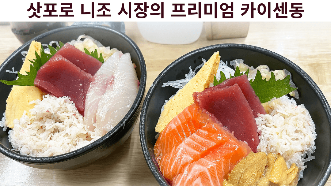 홋카이도 삿포로 니조 시장에서 제공된 전통 그릇의 화려한 해산물 덮밥