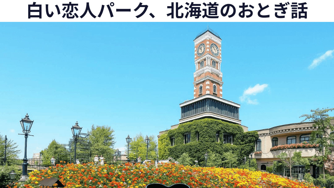 時計塔や花壇、ヨーロッパ風の建物が並ぶ、札幌の白い恋人パークのおとぎ話のような風景