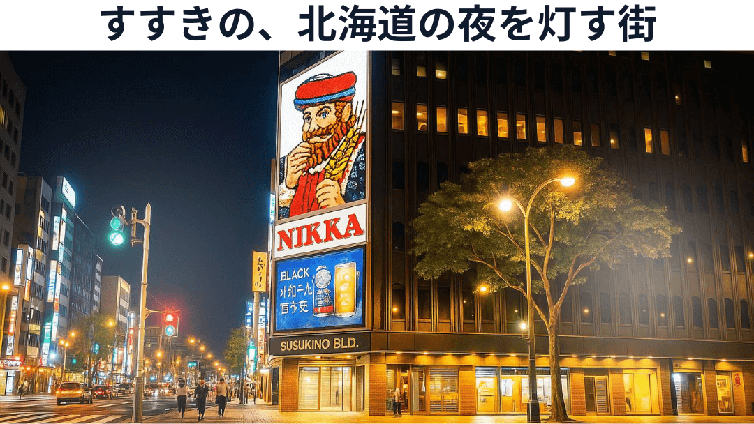 札幌すすきので夜を照らすニッカウヰスキーの象徴的な看板