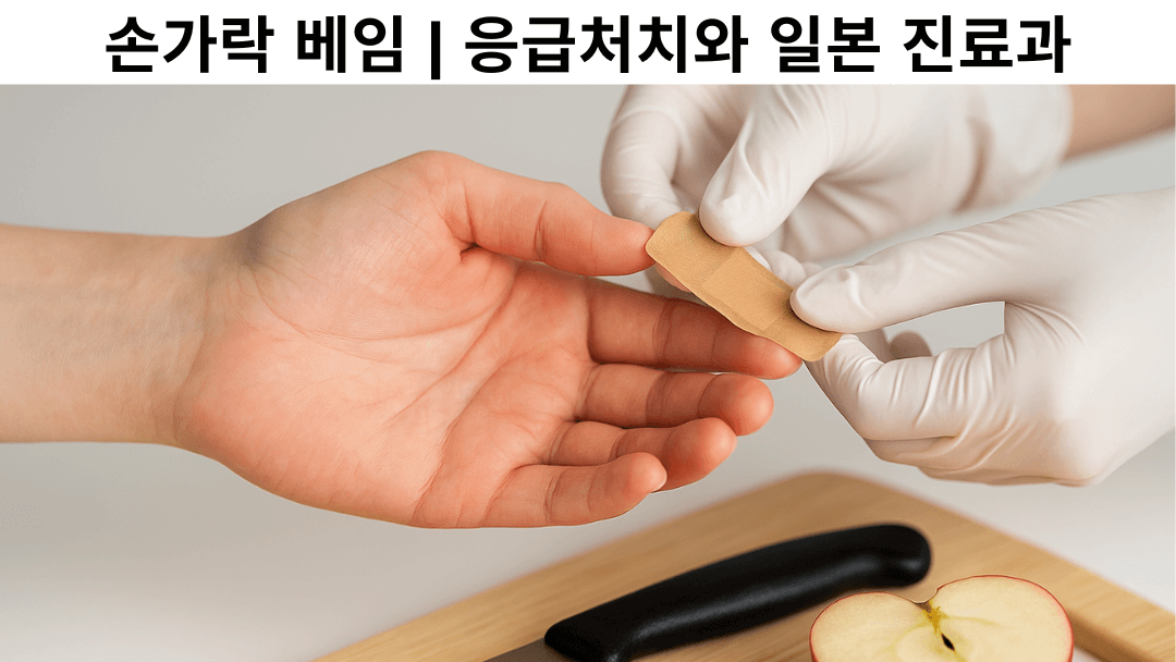 일본에서 손가락 베임 상처에 응급처치로 반창고를 붙이는 모습
