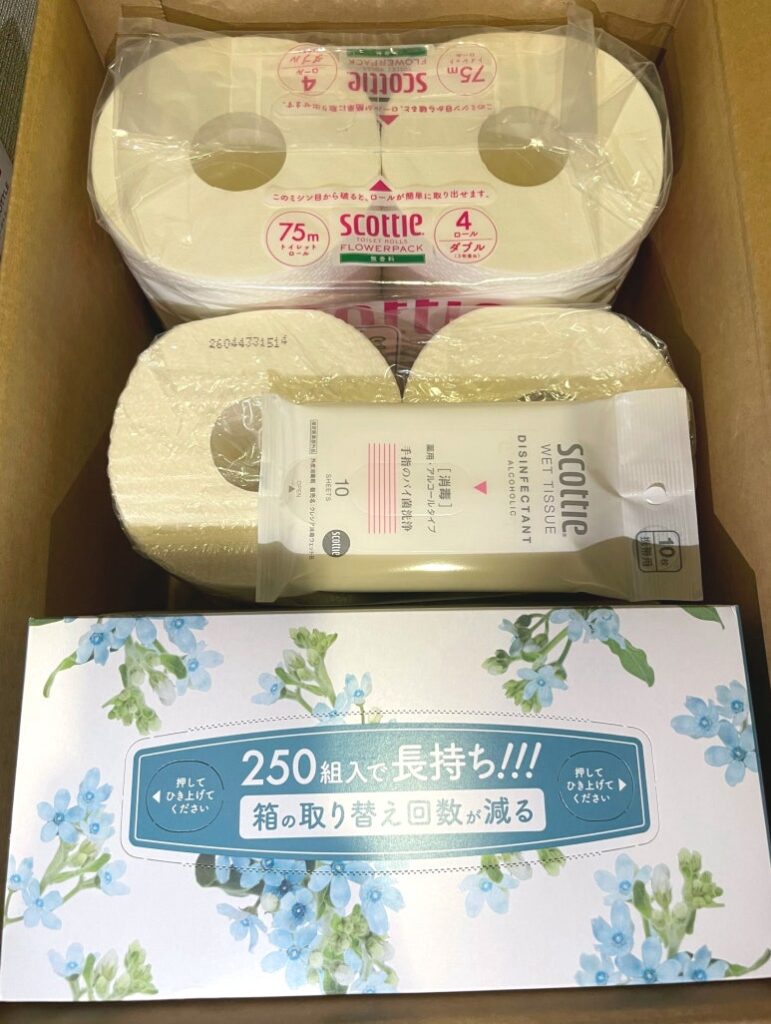 Top view of Nippon Paper Industries’ shareholder benefit box with daily goods