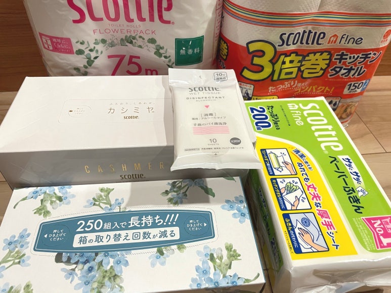 Daily goods set from Nippon Paper Industries’ Japan shareholder benefit, including tissues and kitchen paper