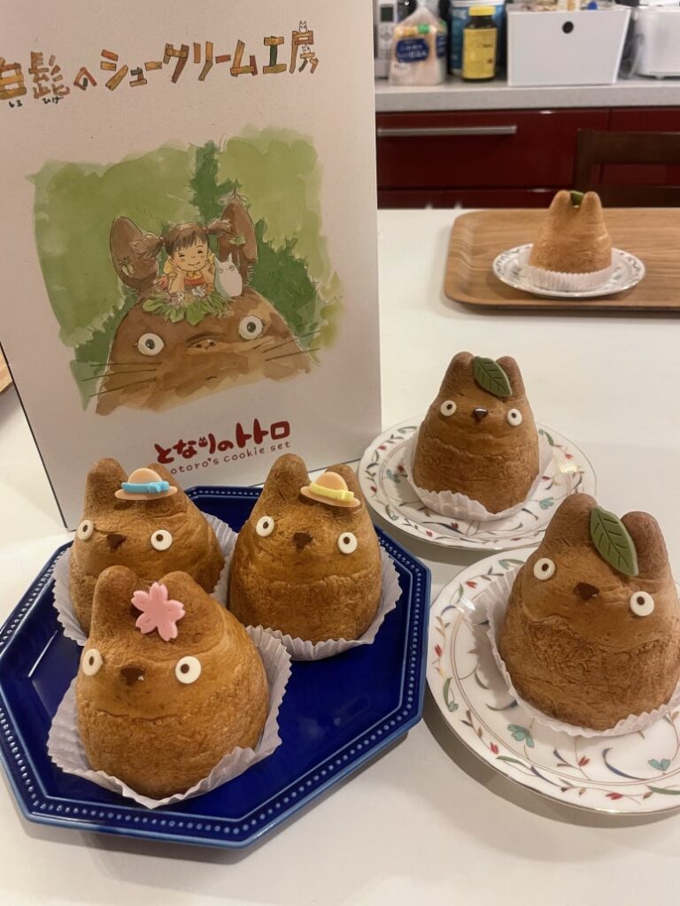 Totoro cookie package and Totoro cream puff from Shirohige’s Cream Puff Factory
