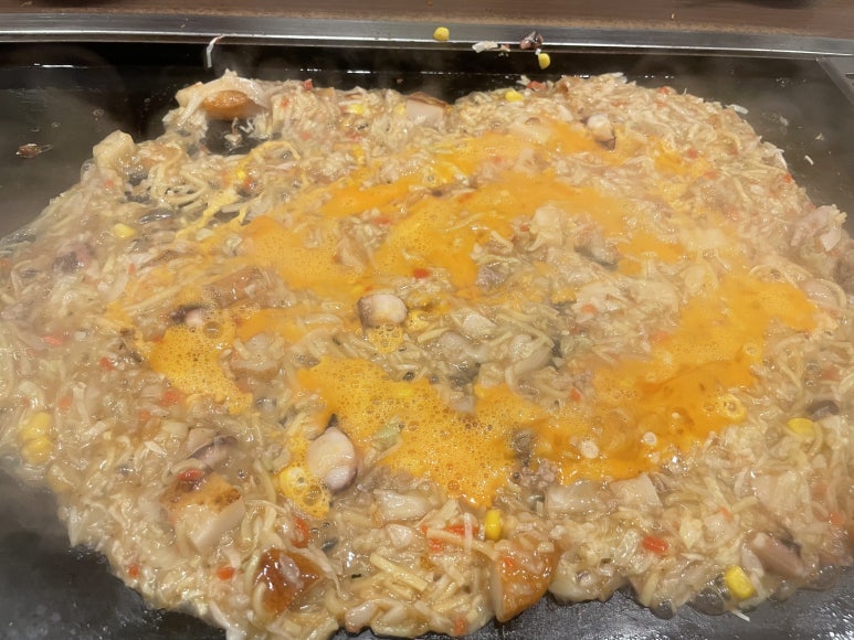 Finished monjayaki with various ingredients