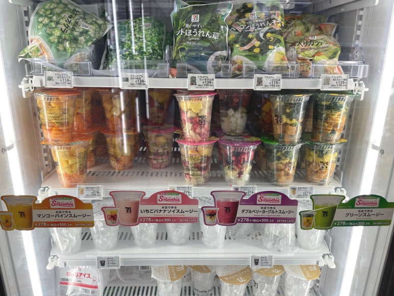 Seven Café smoothie cups displayed in the freezer at Seven-Eleven